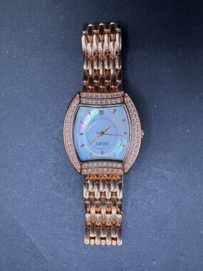 Diamonique(R) Tonneau-Shape Rose Gold Tone MOP Dial Watch Swiss Movement 30MM